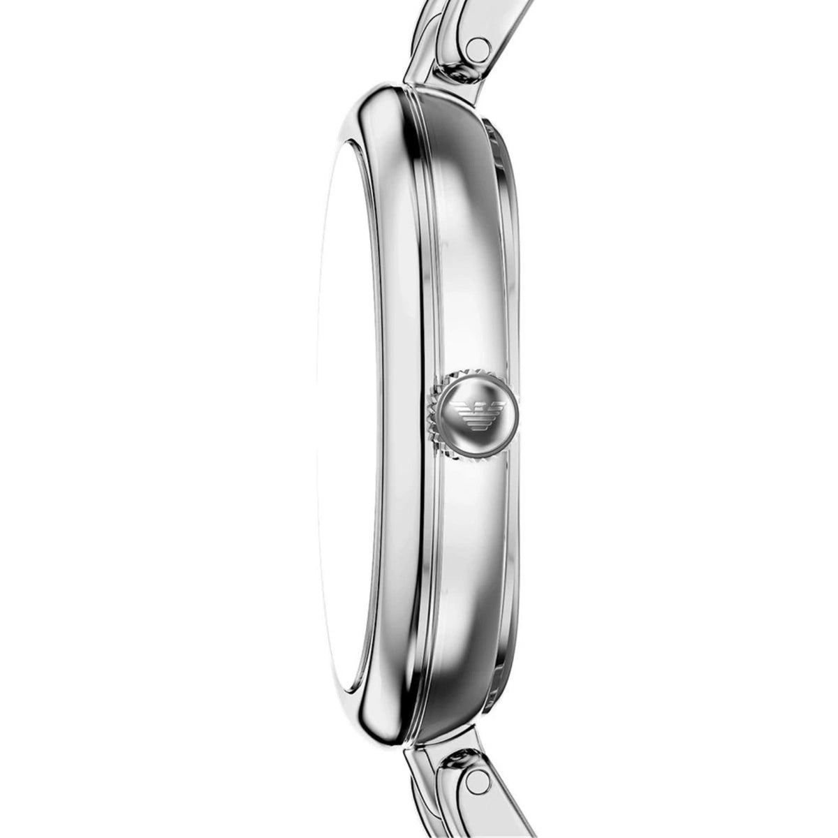 Emporio Armani Sinfonia AR11776 slim profile view showing the case thickness, crown design, and smooth bezel finish