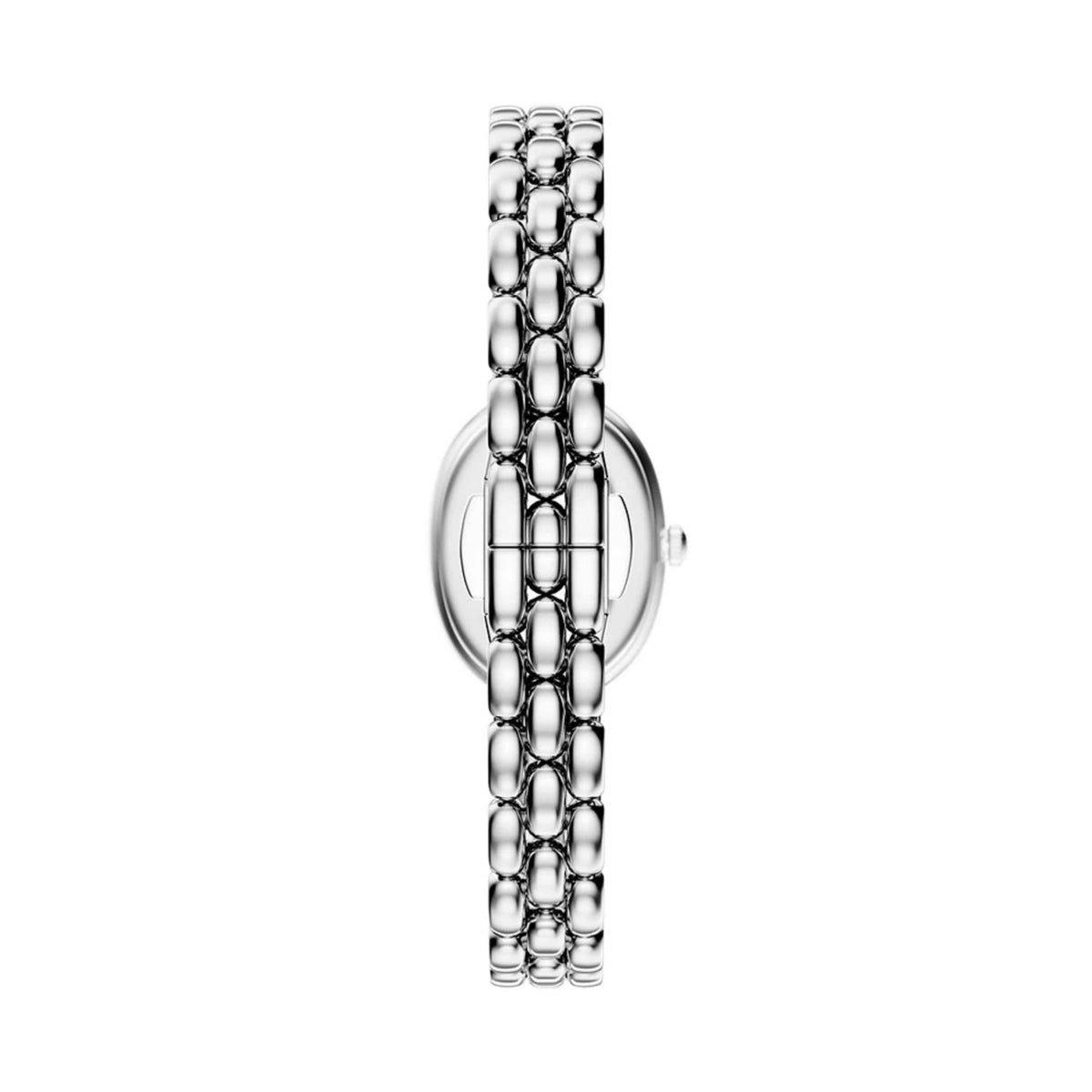 Emporio Armani Sinfonia AR11776 back-facing view focusing on the uniform design of the closed stainless steel multi-link bracelet