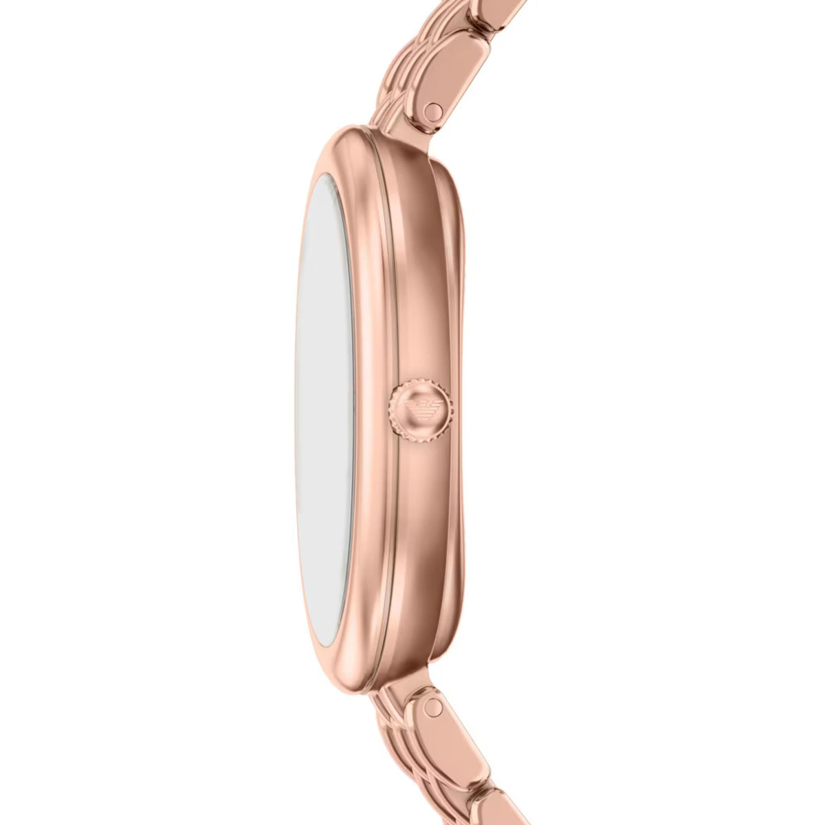 Emporio Armani Sinfonia AR11775 slim profile view showing the case thickness, crown design, and smooth rose gold bezel finish