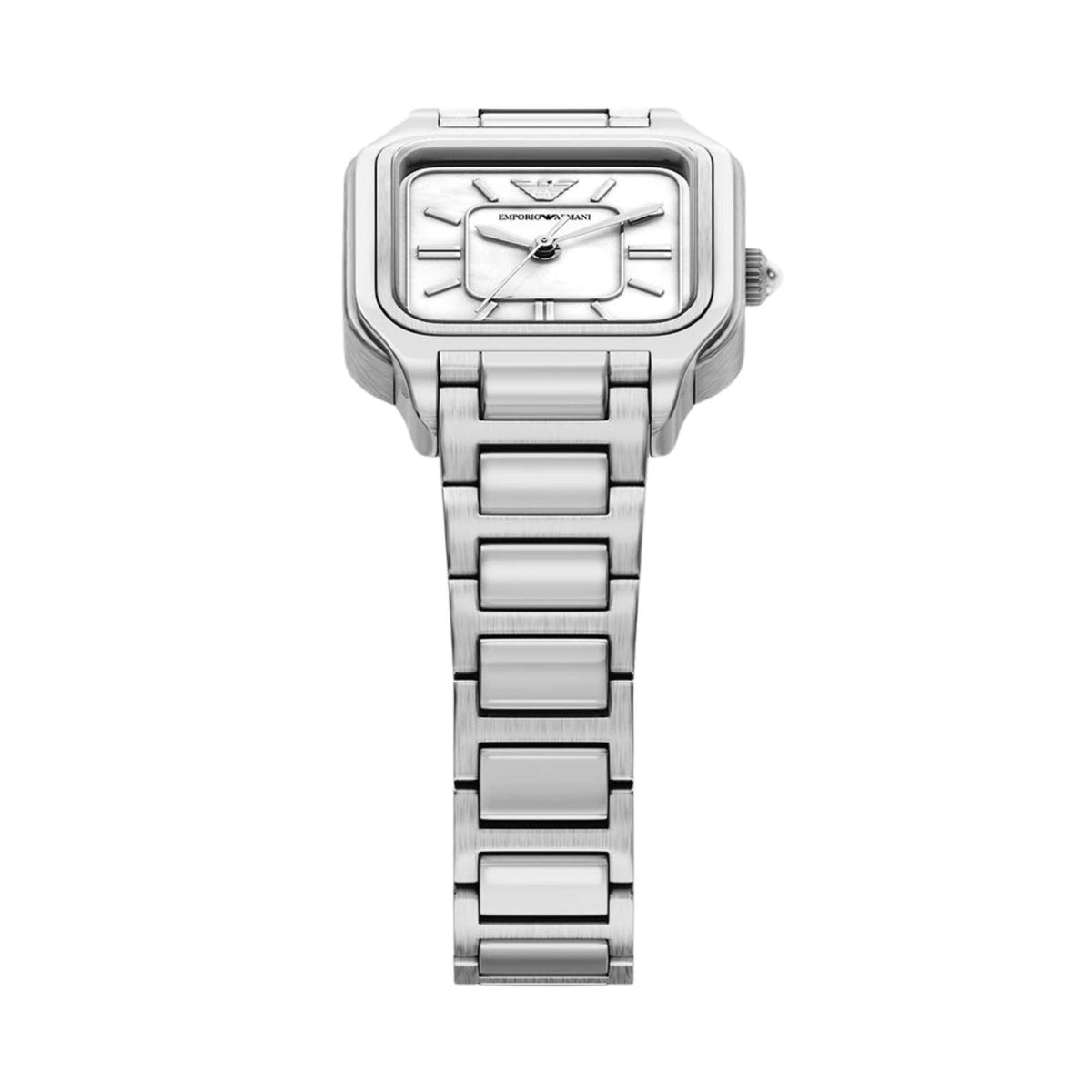 Ladies square steel quartz watch with white dial and Roman numerals