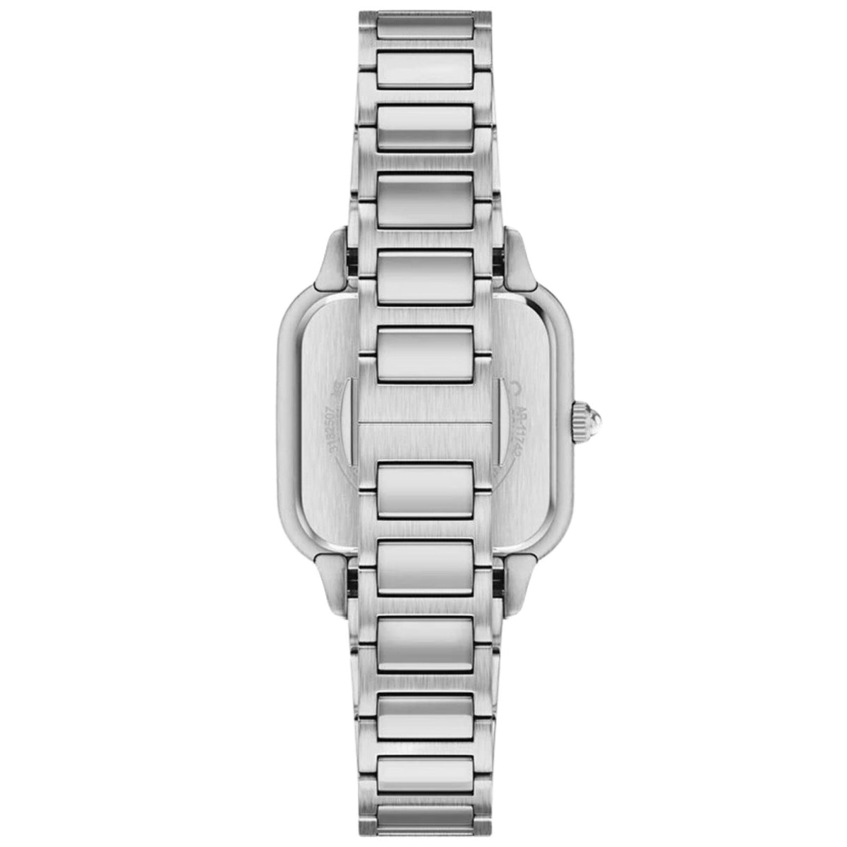 Back view of ladies square steel quartz watch with bracelet links and case shape
