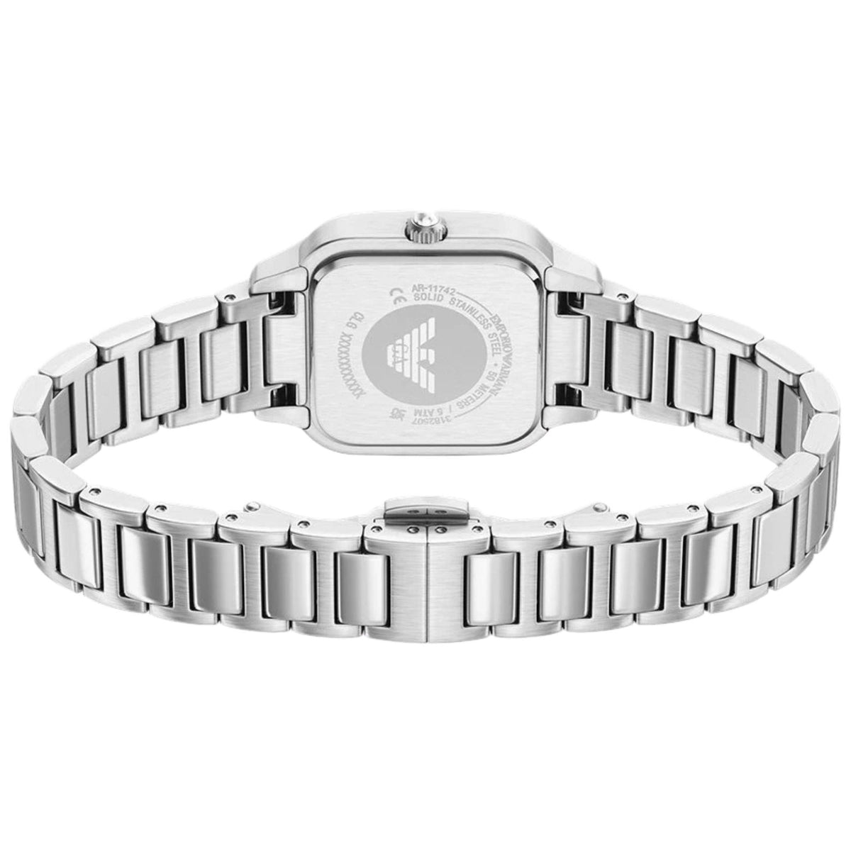 Ladies steel bracelet clasp and watch back with engraved case details