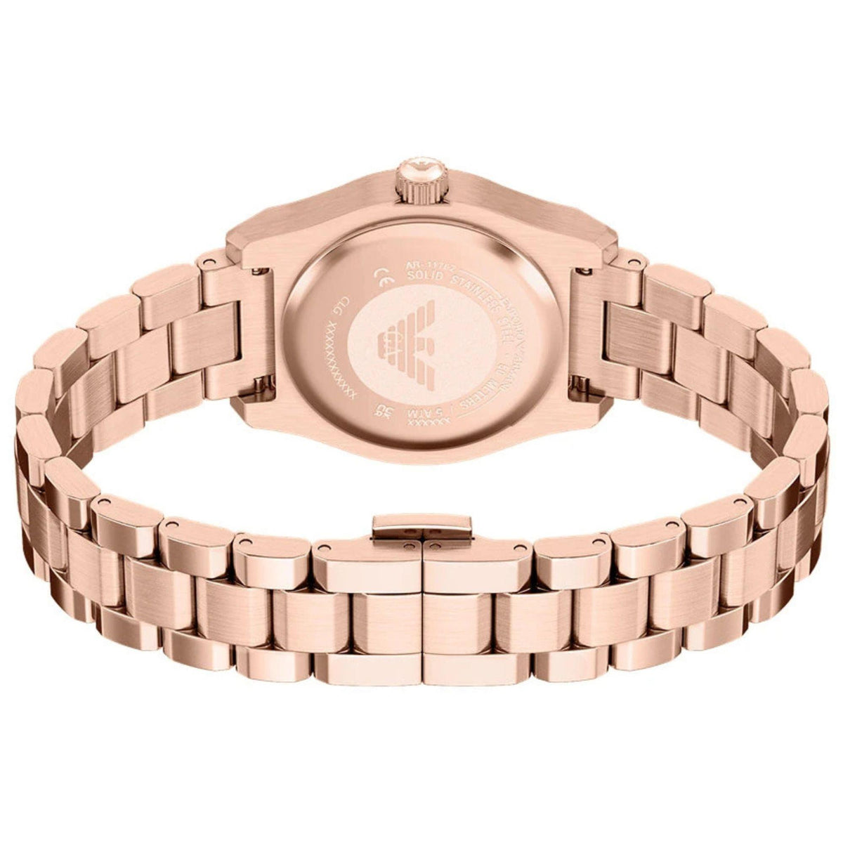 Rear view of the Emporio Armani Federica AR11762 timepiece showing the engraved case back logo, model details, and open bracelet layout