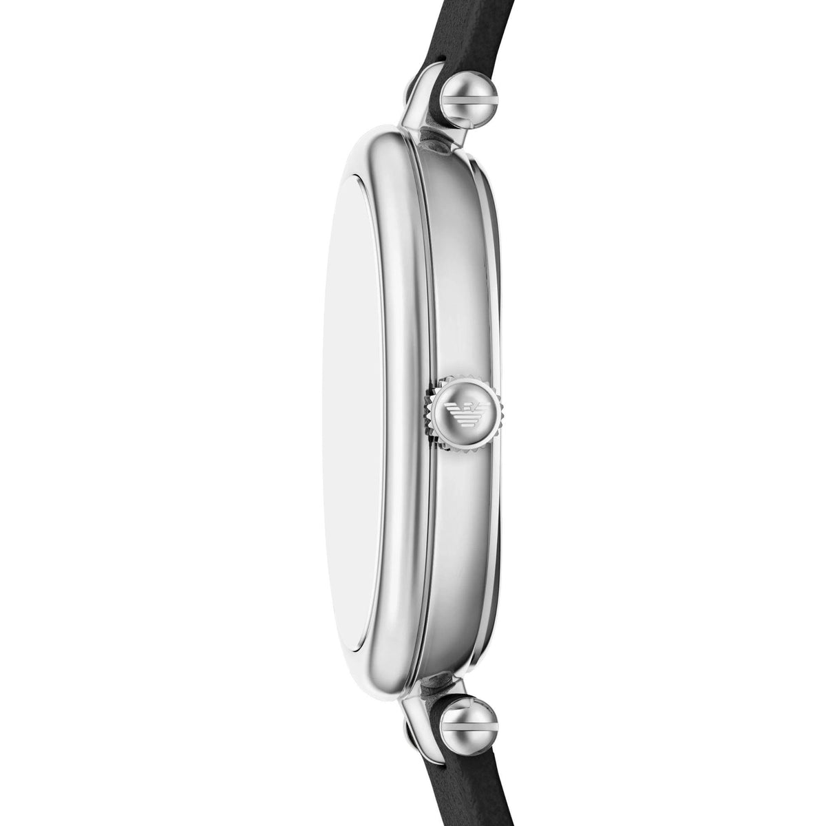 Side profile view of the Emporio Armani Sinfonia AR11778 watch highlighting the thin stainless steel case and branded crown motif