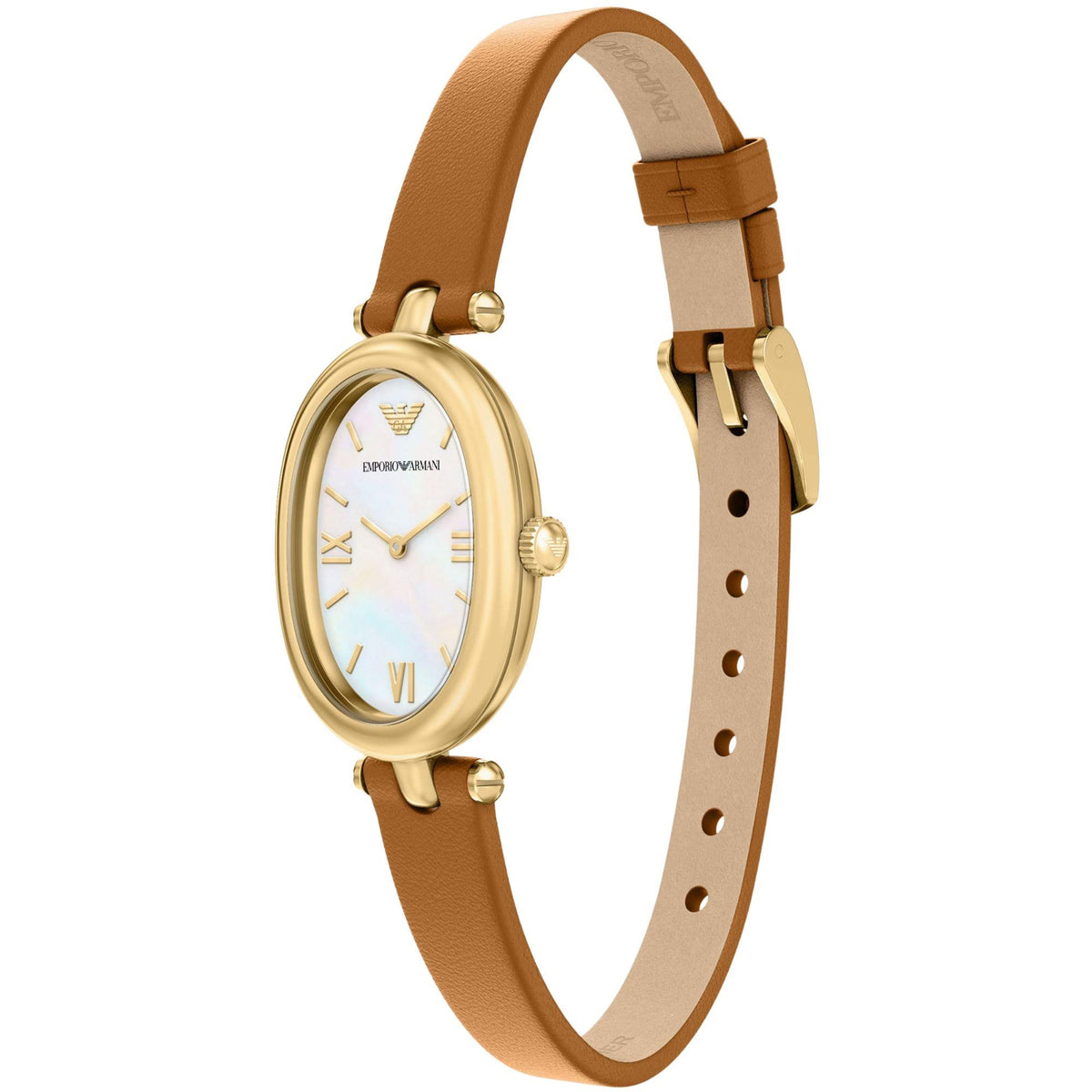 Angled view of the Emporio Armani Sinfonia AR11780 wrist watch highlighting the gold-tone bezel, white mother of pearl finish, and pin-buckle strap