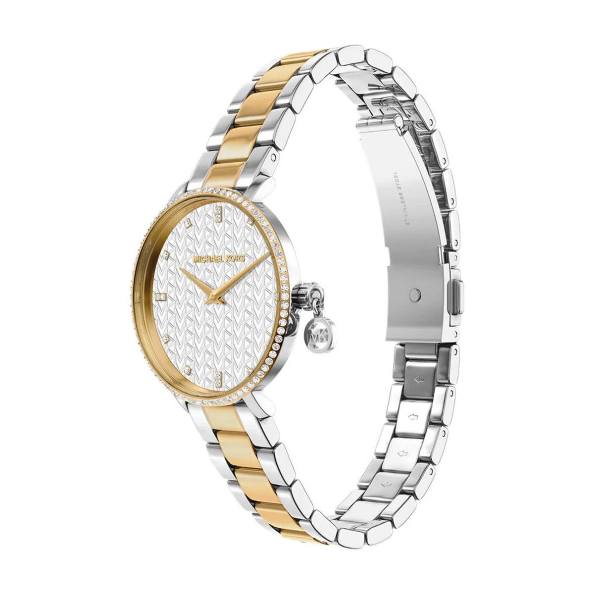 Two-tone steel watch with silver textured dial, gold tone bezel accents, and charm crown.