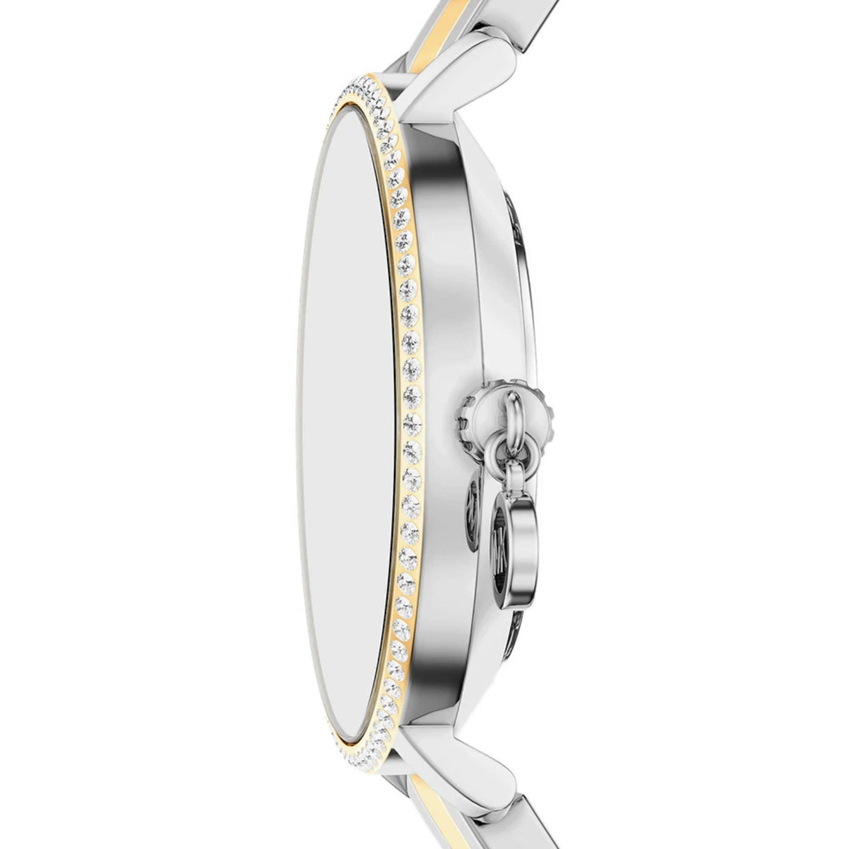 Side view of two-tone steel watch with rhinestone bezel and gold accent on the case edge.