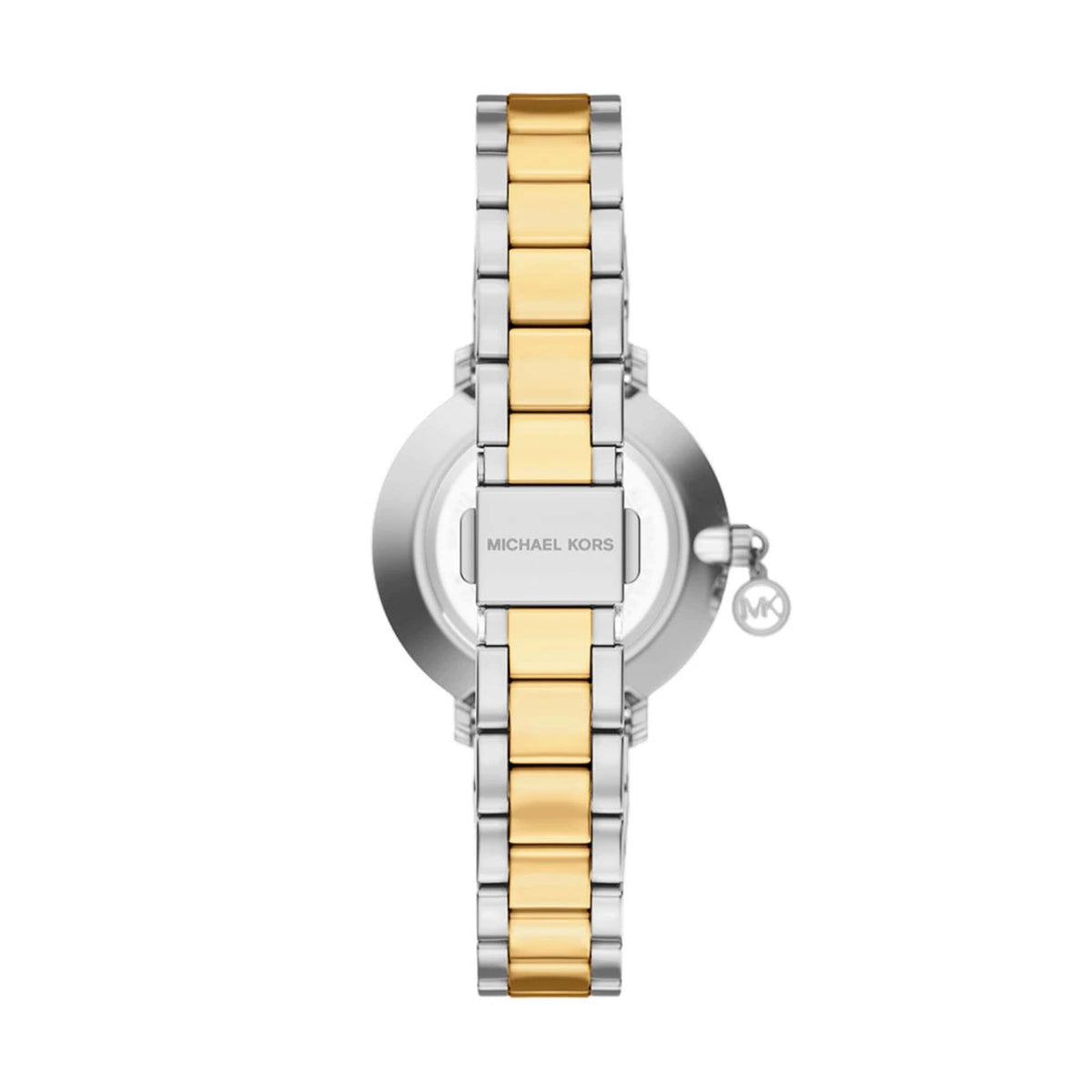 Back view of two-tone steel watch with gold center links and clasp with brand text.