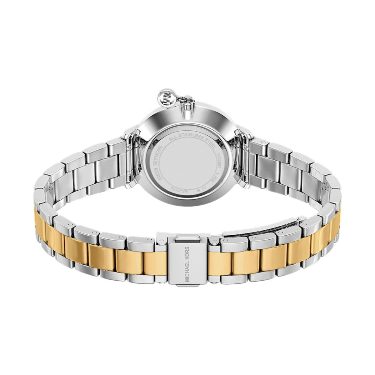 Two-tone steel watch bracelet with alternating gold and silver links and metal buckle clasp.