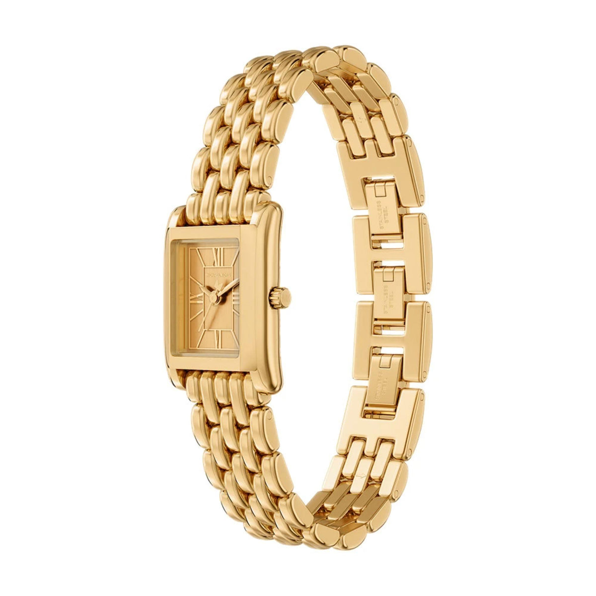 Gold-tone watch with rectangular case and steel link bracelet, angled side view