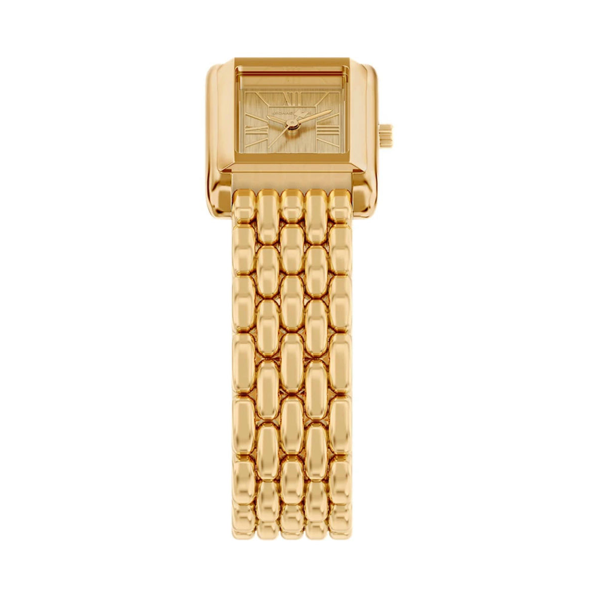 Gold-tone steel strap watch with rectangular case, gold dial, and minimalist Roman markers