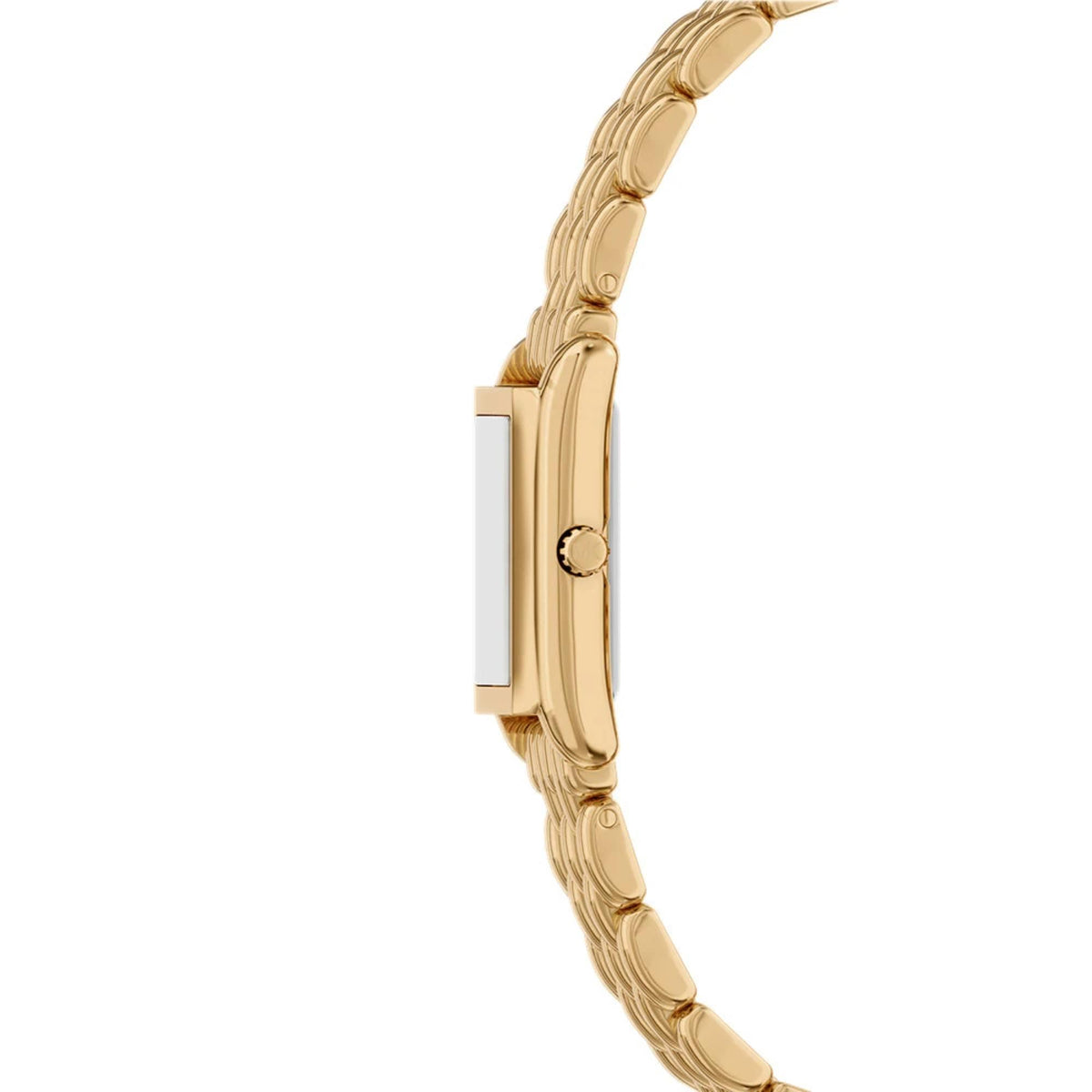 Gold-tone watch case side with crown and steel link bracelet, profile view