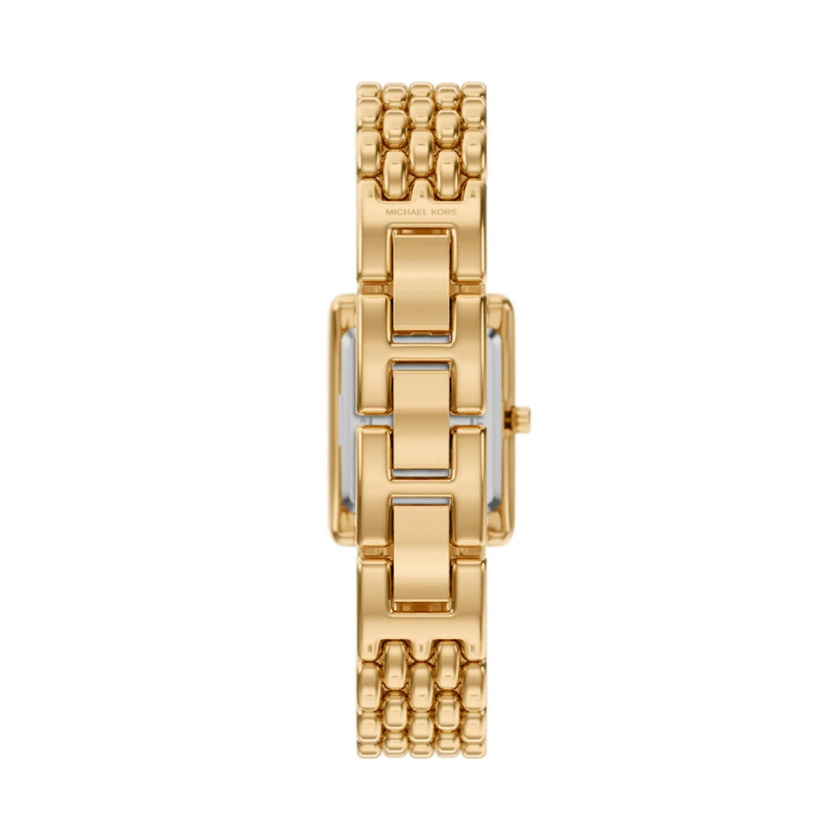 Gold-tone watch with rectangular case and steel link bracelet, back angle view