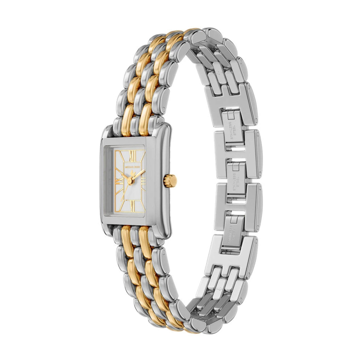 Michael Kors Petite MK4999 three-quarter angle view displaying the white dial, gold-tone crown, and polished link bracelet