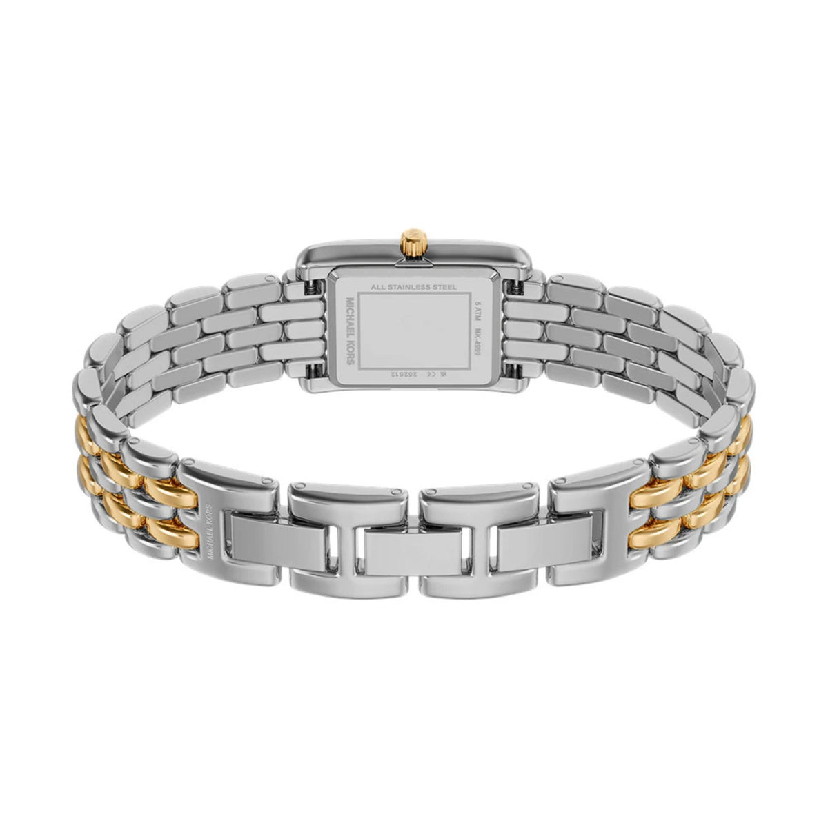 Michael Kors Petite MK4999 reverse angle view revealing the stainless steel case back and open two-tone bracelet clasp