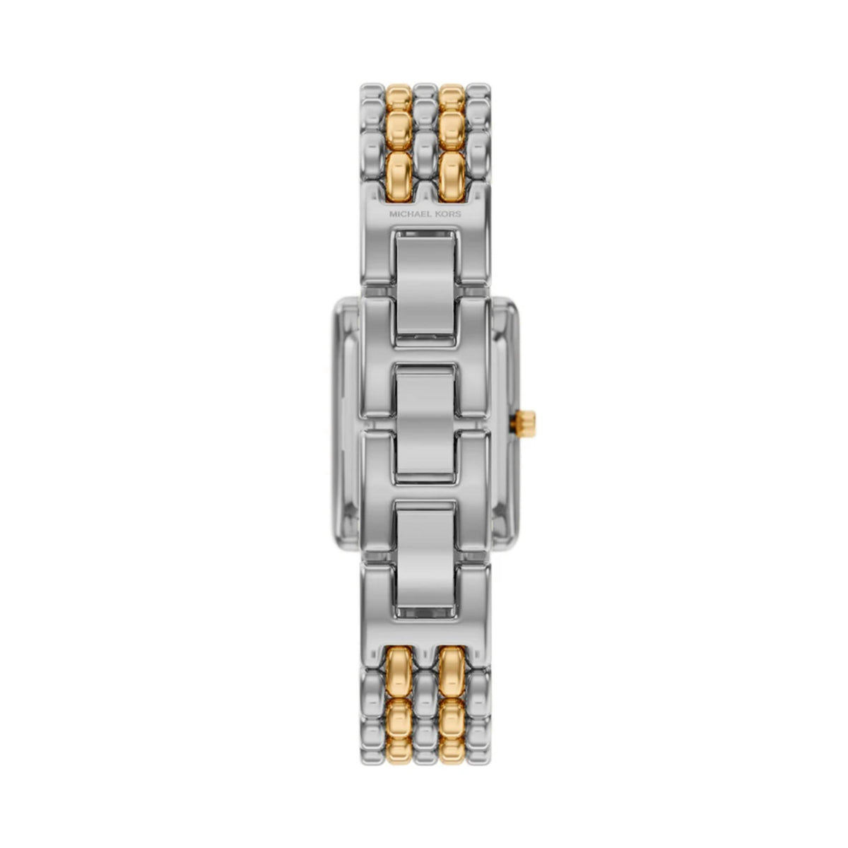 Michael Kors Petite MK4999 rear view detailing the stainless steel bracelet links and logo engraved clasp