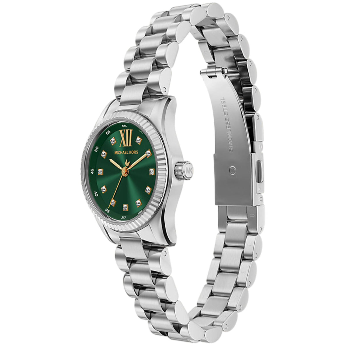 Michael Kors Lexington MK7580 ladies quartz watch angled view displaying the green dial, textured bezel, and stainless steel link bracelet