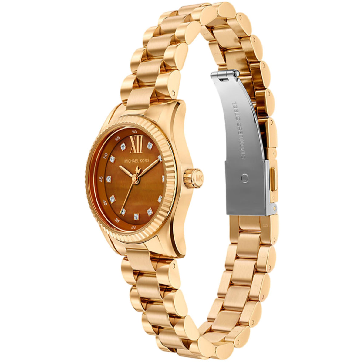 Michael Kors Lexington MK7578 three-quarter angle view featuring the brown dial, gold-tone fluted bezel, and link bracelet