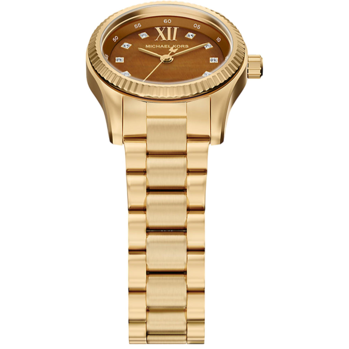 Michael Kors Lexington MK7578 top-down view highlighting the brown dial with crystal hour markers and gold-tone case