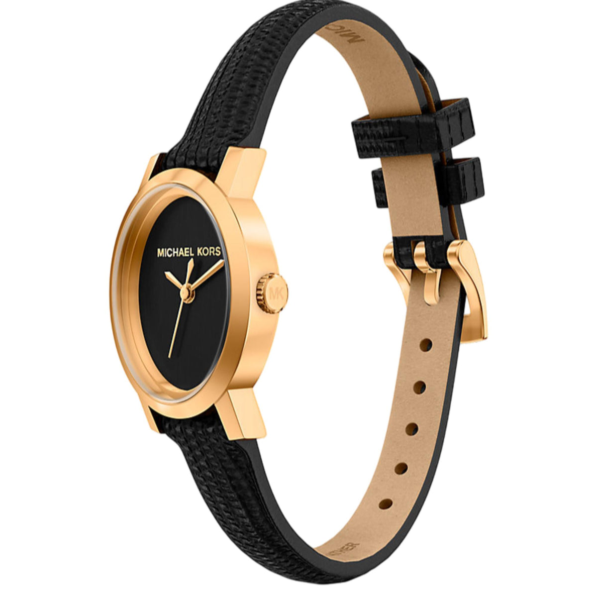 Women’s black dial watch with gold-tone bezel and embossed black leather strap