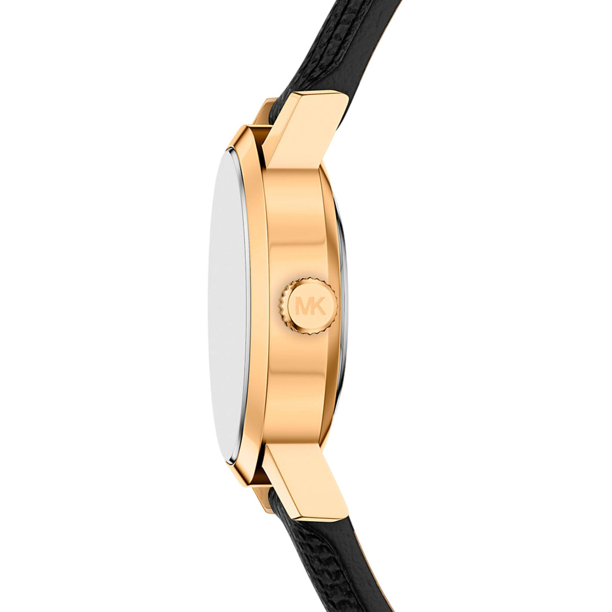 Women’s gold-tone watch case with black embossed leather strap