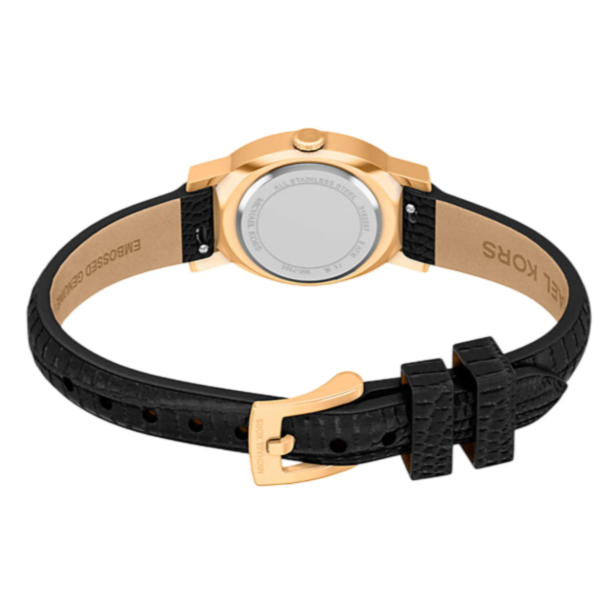Women’s black leather watch strap with gold-tone buckle and link detail