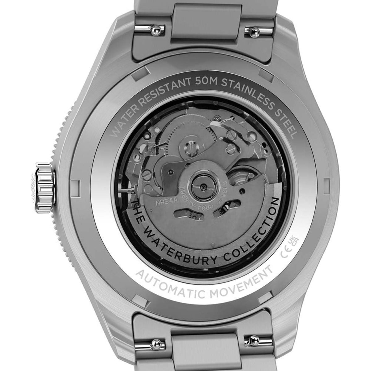 Stainless steel caseback showing automatic movement and engraved text