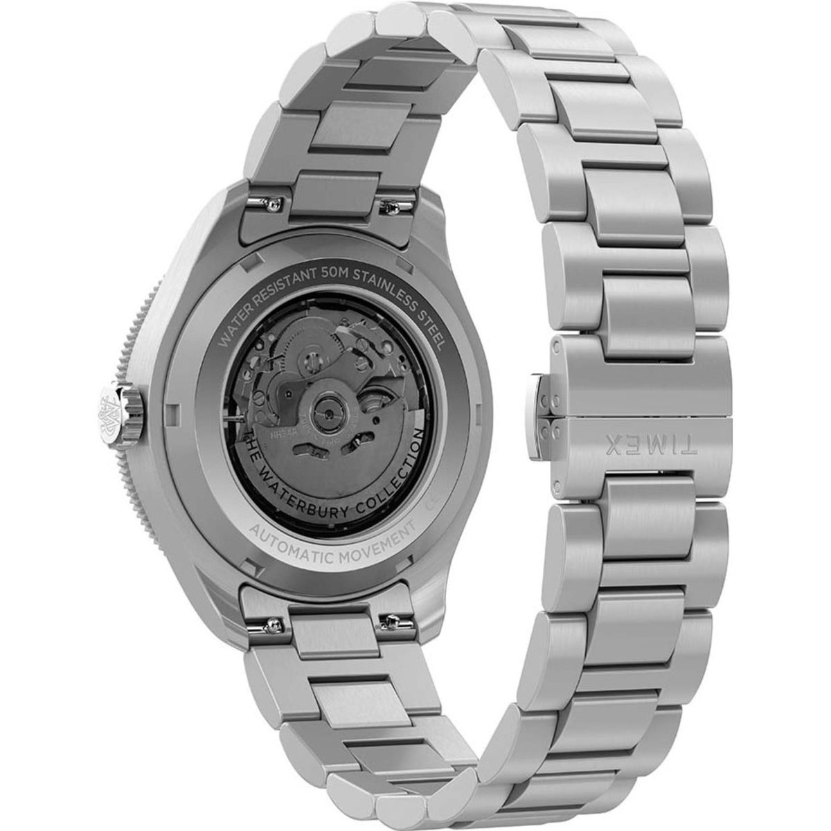Stainless steel watch caseback and bracelet, angled side view