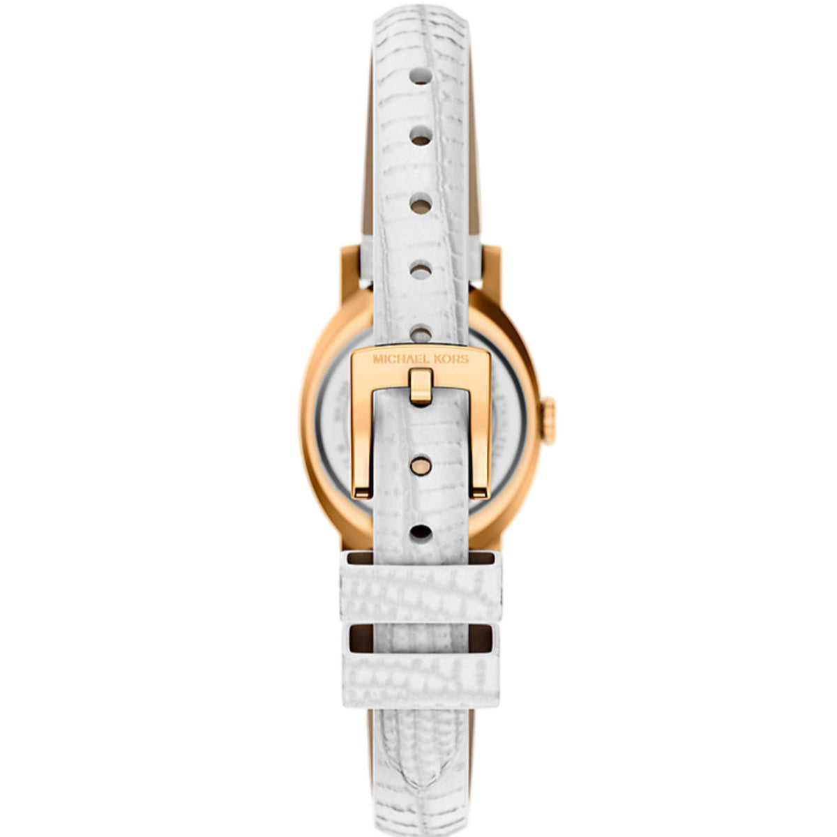 Round gold-tone case ladies quartz watch with white dial and white leather strap