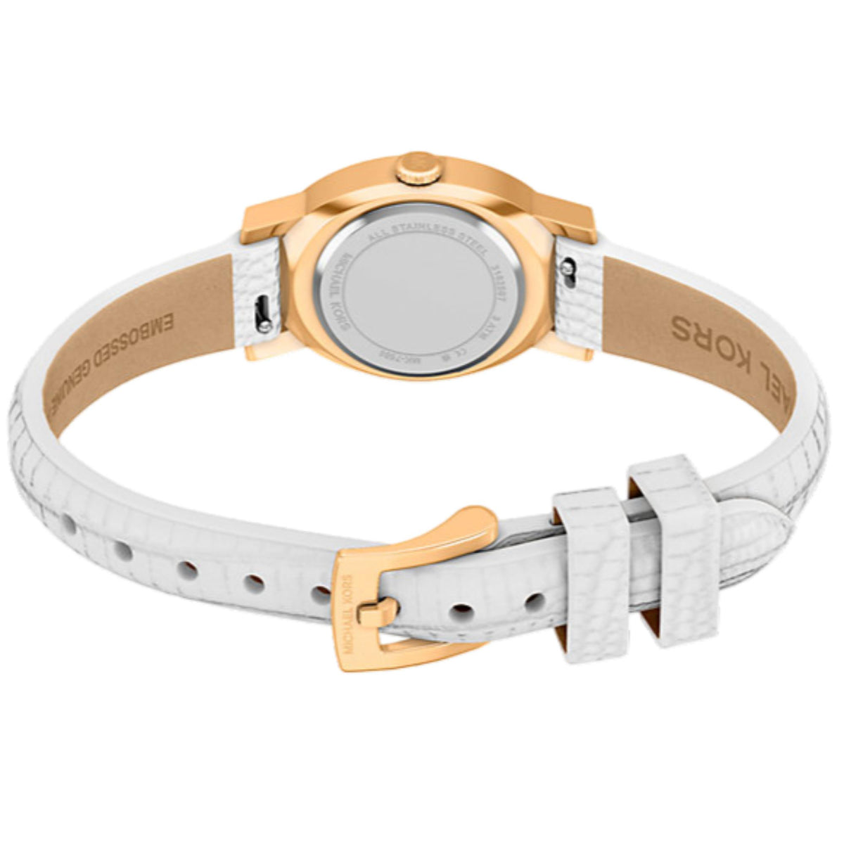 White leather strap ladies watch with gold-tone clasp and round gold case