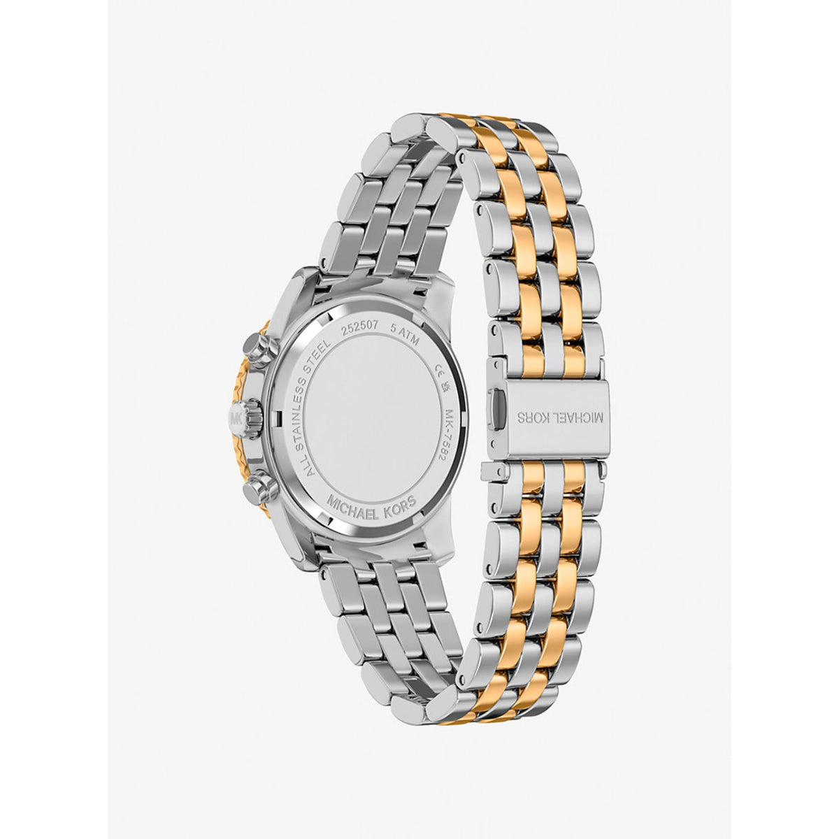 Michael Kors Bryant MK7582 inner band perspective displaying the engraved stainless steel case back and two-tone bracelet closure