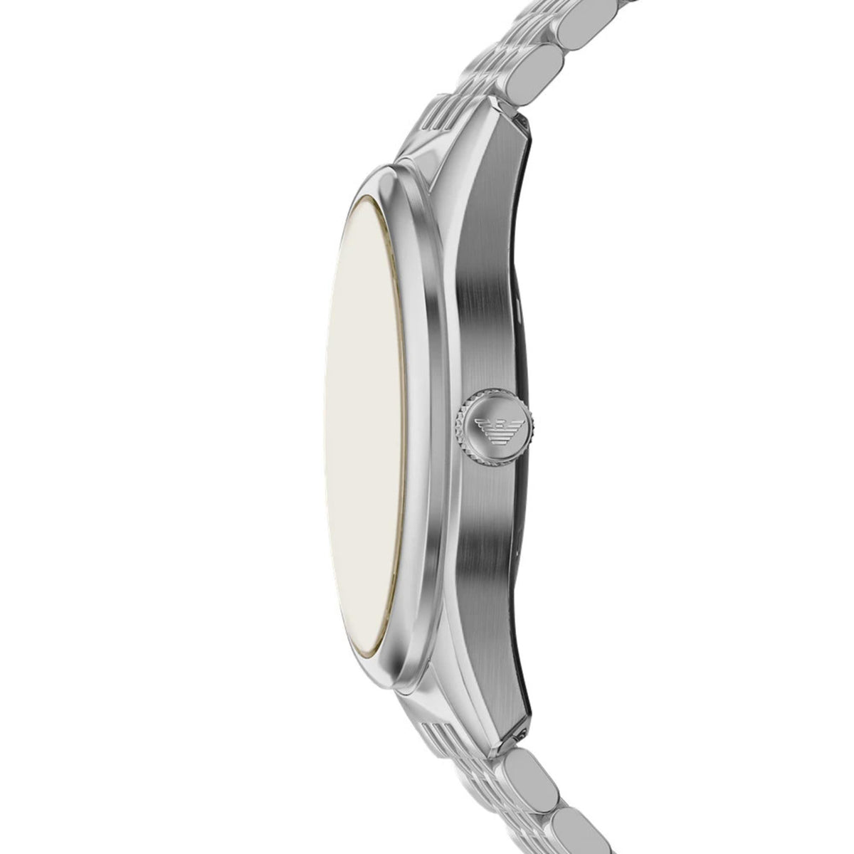 Side profile view of the Emporio Armani Antonio AR60095 watch illustrating the steel case thickness, crystal, and textured crown