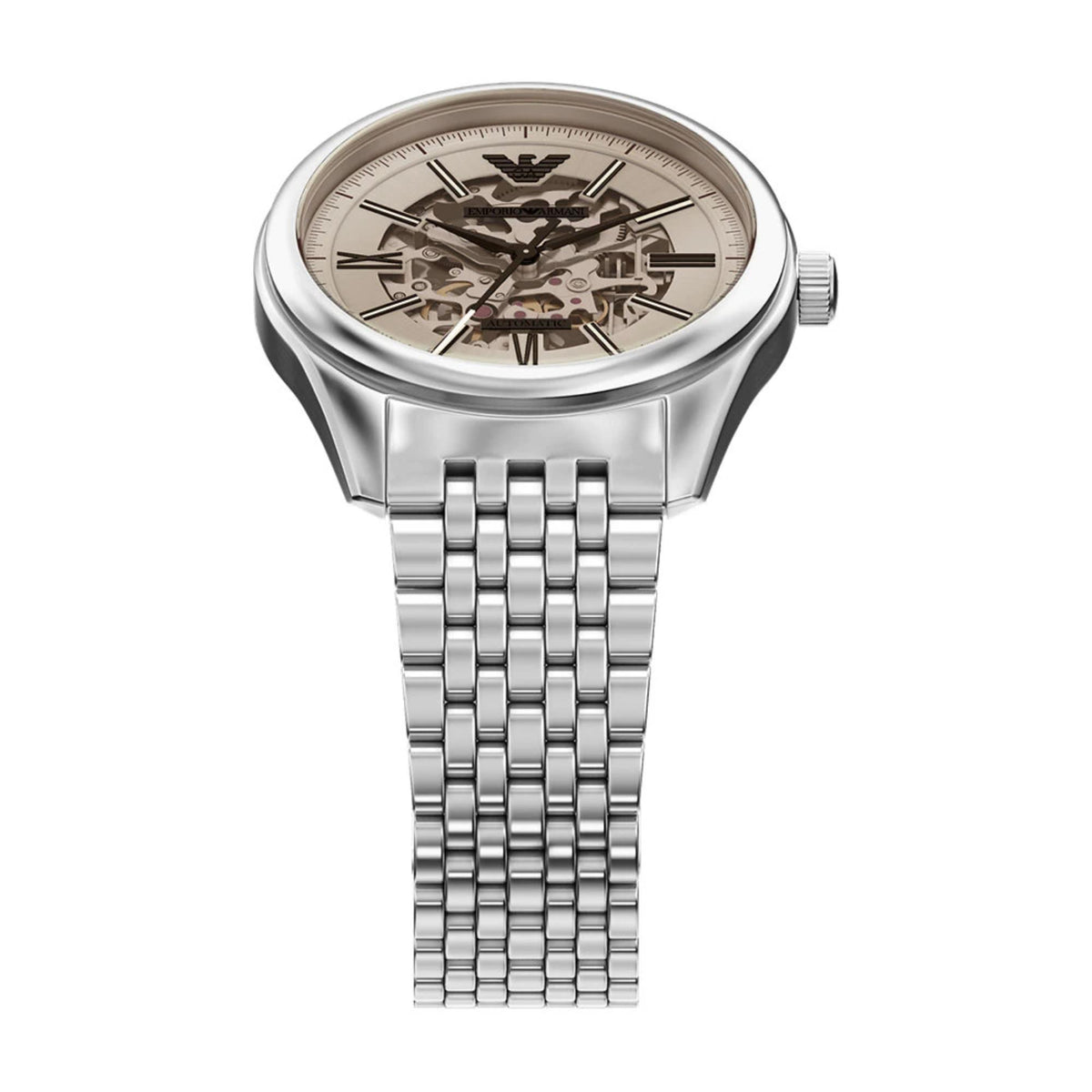 Tilted top perspective of the Emporio Armani Antonio AR60095 mens watch focusing on the round bezel, silver dial, and stainless steel links