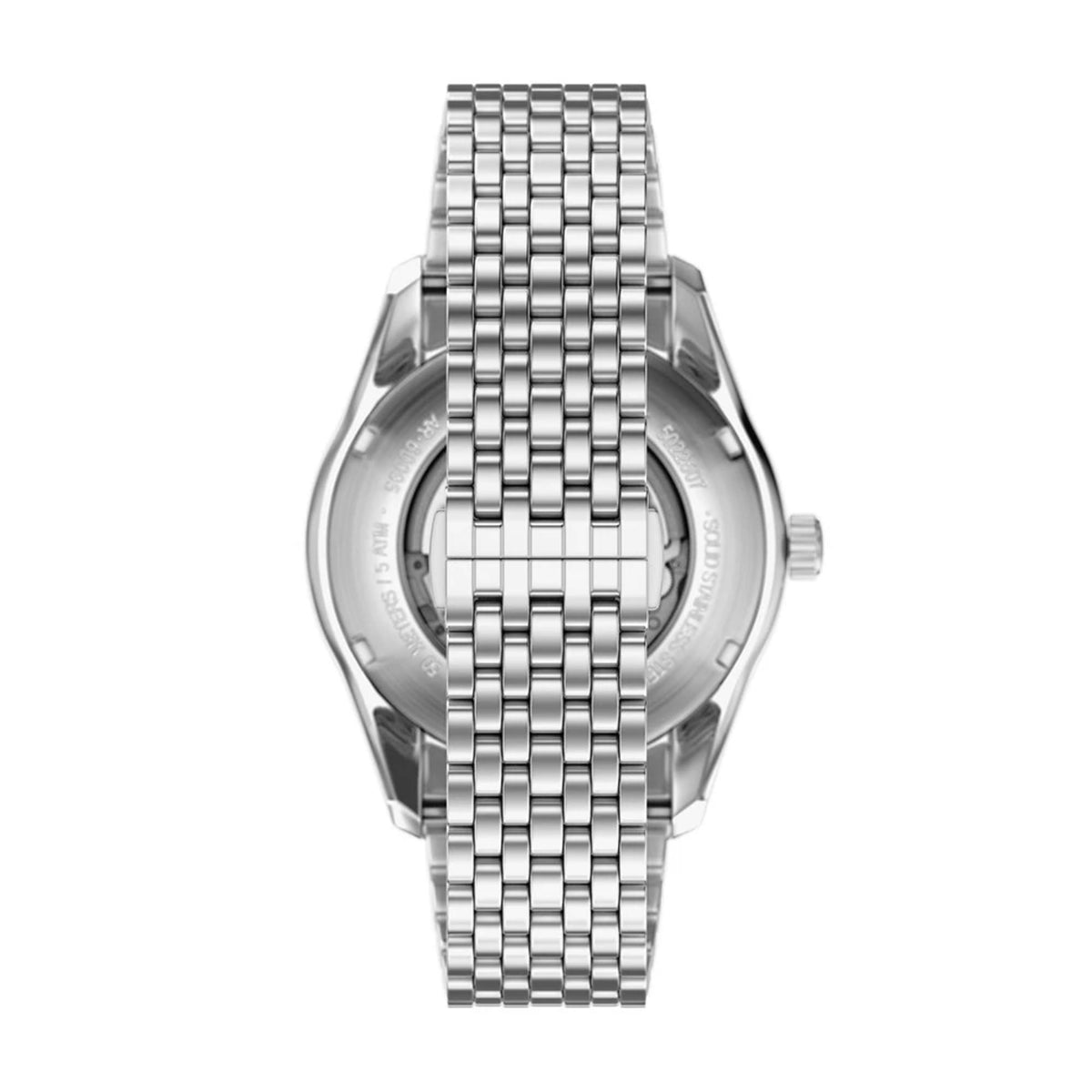 Reverse view of the Emporio Armani Antonio AR60095 timepiece showing the butterfly clasp closure and multi-link steel band