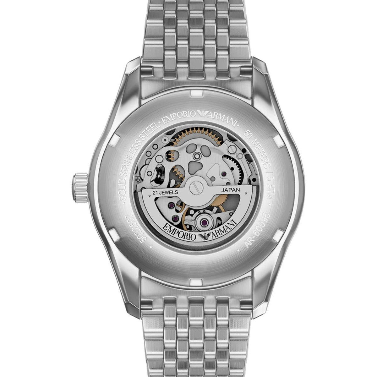 Back view of the Emporio Armani Antonio AR60095 watch featuring an exhibition case back revealing the mechanical automatic movement