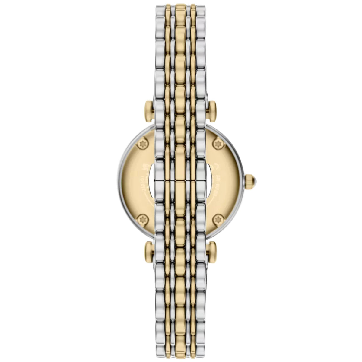 Emporio Armani Gianni T-Bar AR11769 back case view showing two-tone steel bracelet coverage