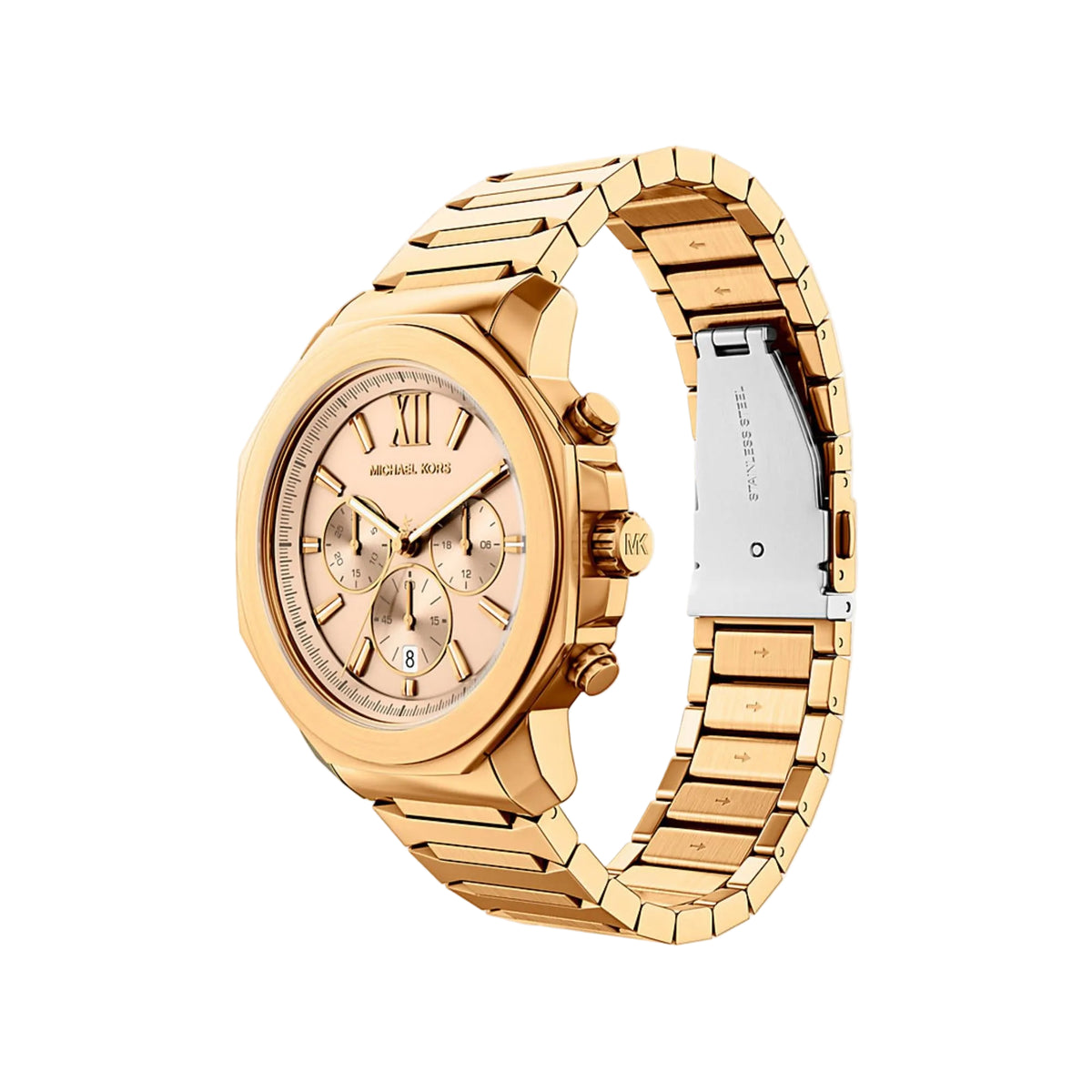 Gold-tone steel chronograph watch with white dial, Roman numerals, pushers