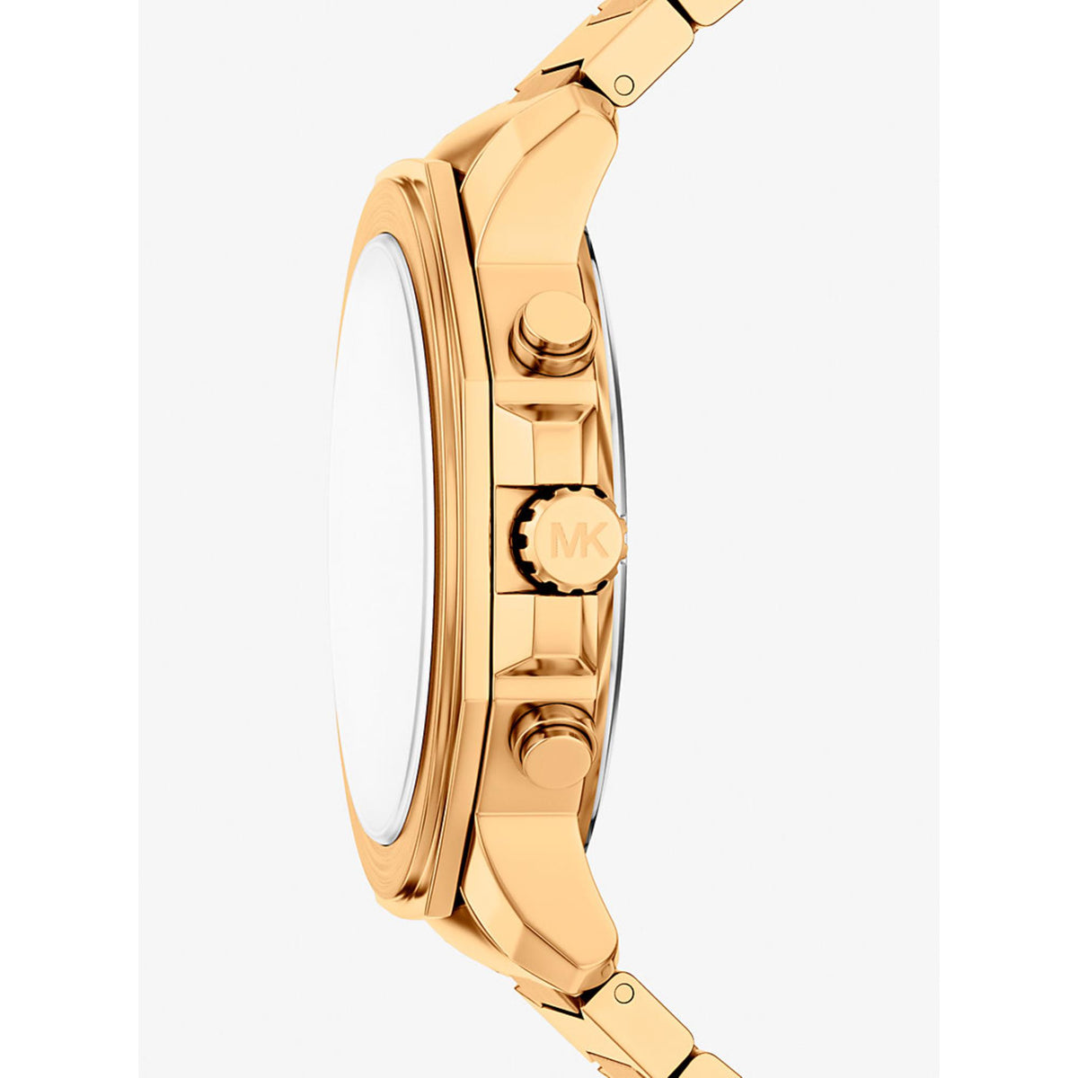 Gold-tone steel watch case profile with crown and link bracelet detail