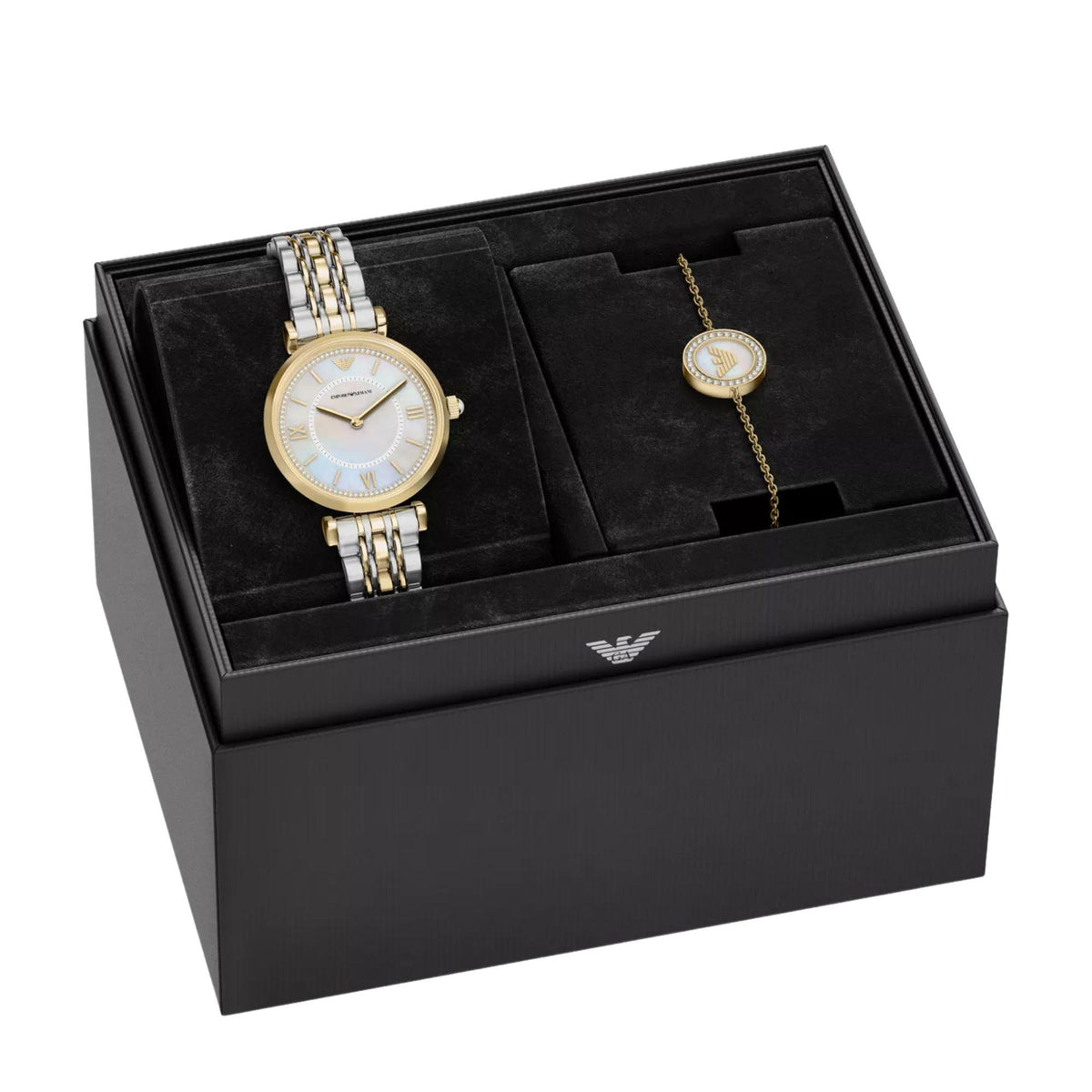 Emporio Armani Gianni T-Bar AR80086SET presentation box containing a white mother of pearl dial watch and matching bracelet set