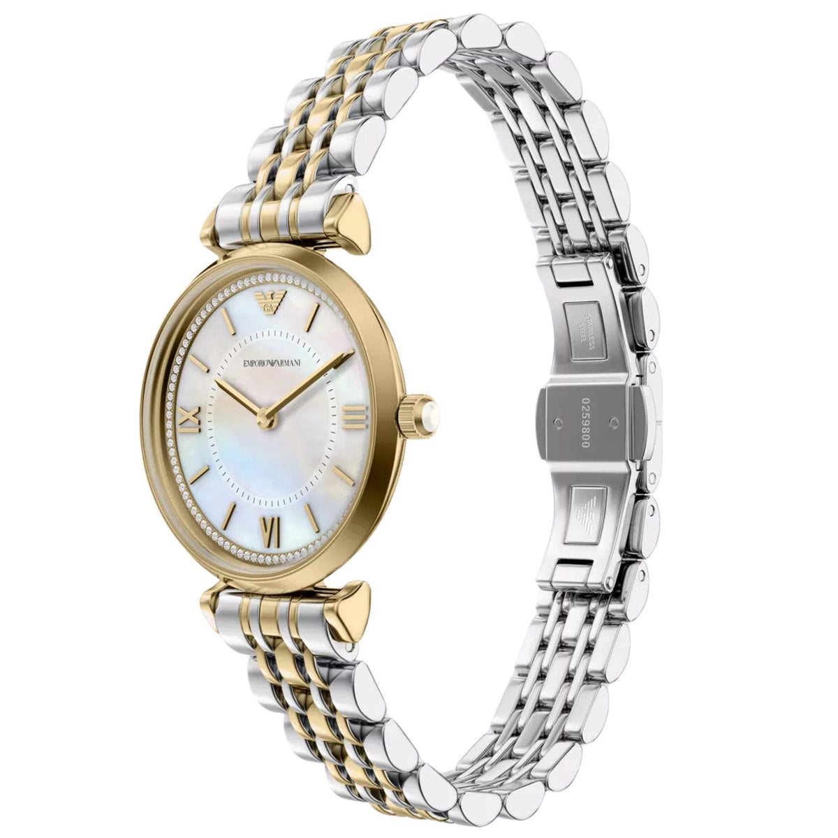 Emporio Armani Gianni T-Bar AR80086SET side profile showcasing steel case with white mother of pearl dial and multi-link bracelet