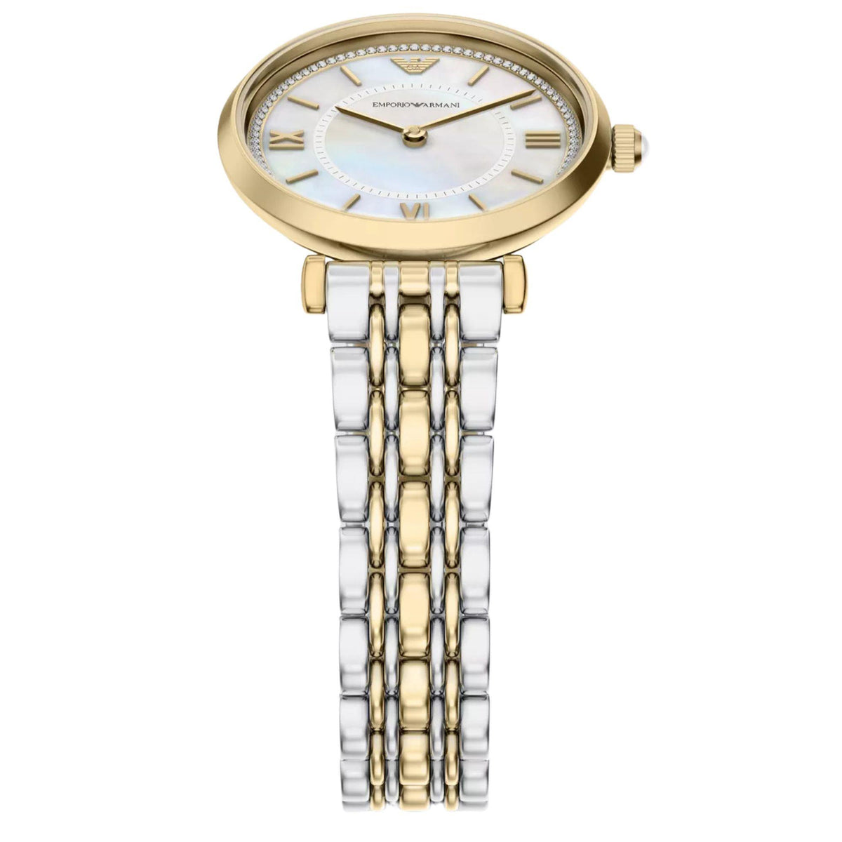 Emporio Armani Gianni T-Bar AR80086SET top perspective view detailing white mother of pearl dial and steel bracelet links