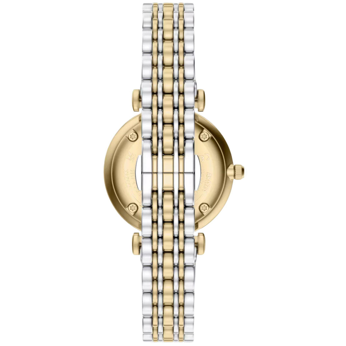 Emporio Armani Gianni T-Bar AR80086SET rear view showing steel case back covered by multi-link watch bracelet