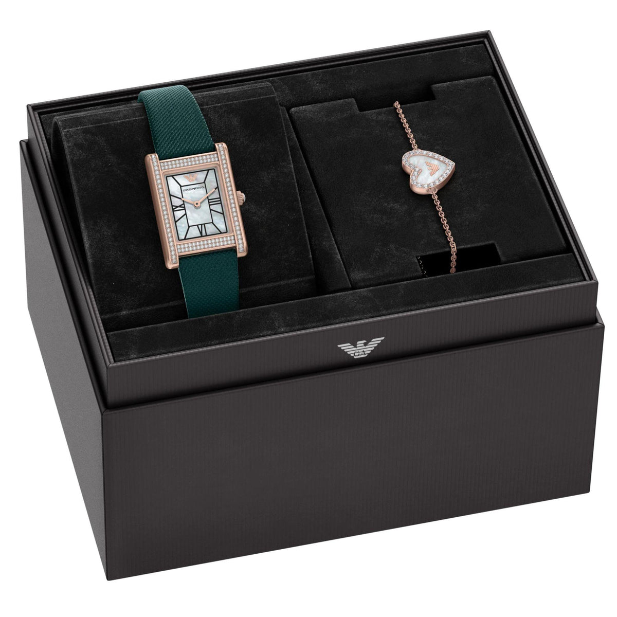 Ladies quartz watch set in gift box with dark green strap and heart charm necklace