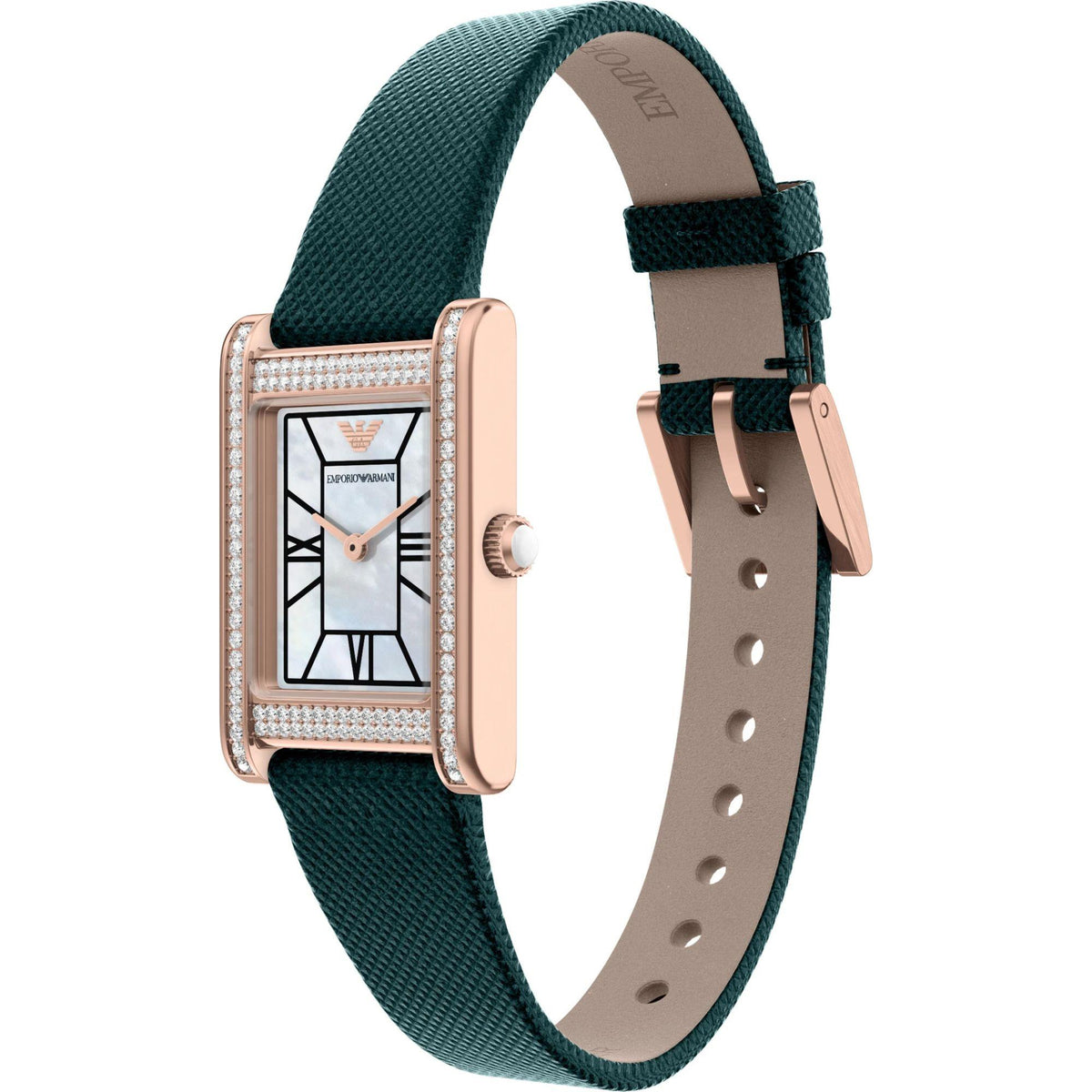 Ladies quartz watch with dark green leather strap, rose-gold case, and sparkling bezel