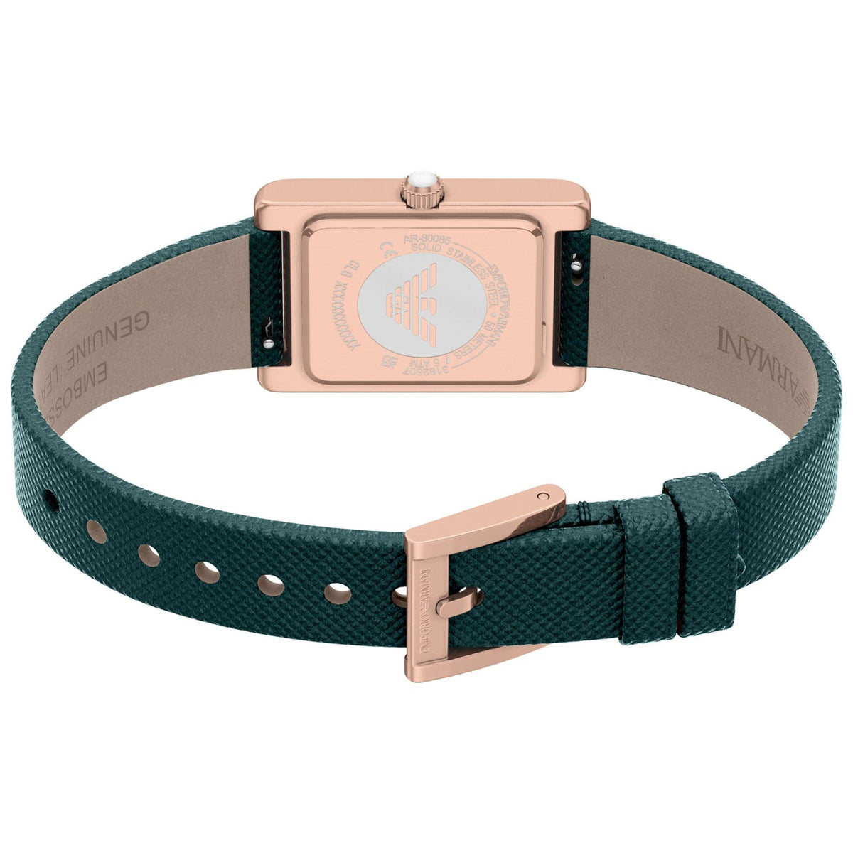 Ladies quartz watch back with dark green leather strap, rose-gold buckle and case back