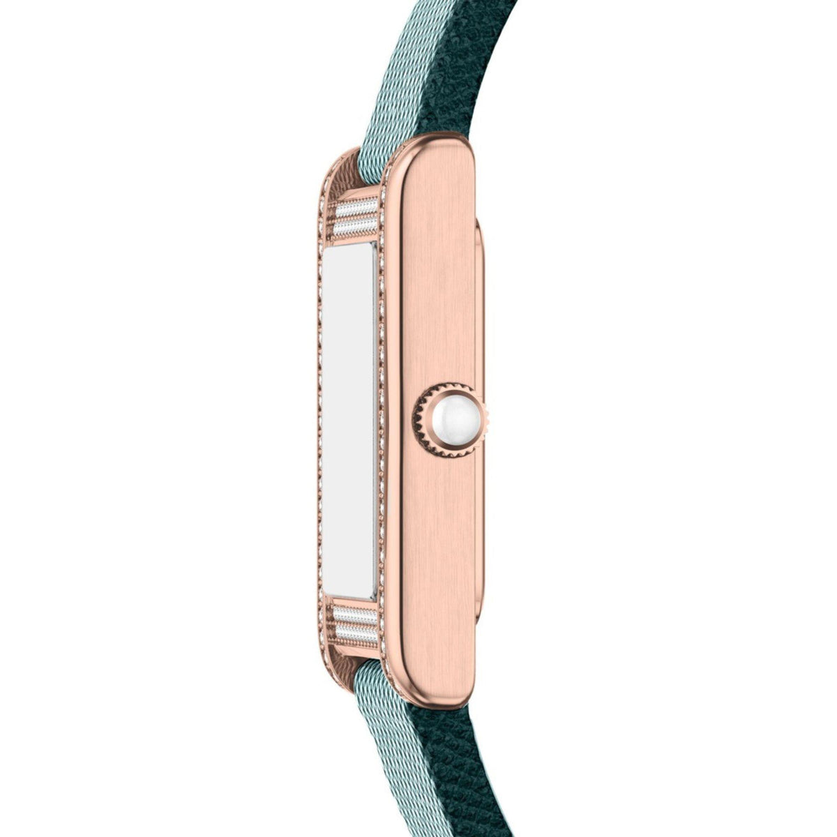 Ladies quartz watch side profile with rose-gold case and dark green leather strap