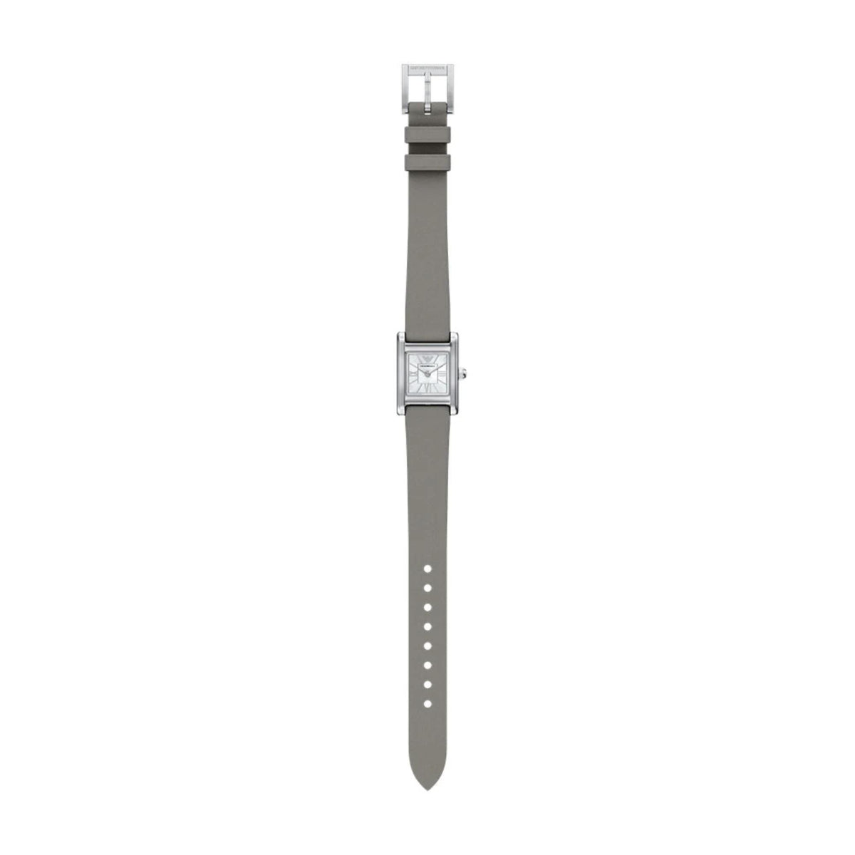 Ladies quartz watch with gray leather strap and silver clasp, rectangular case