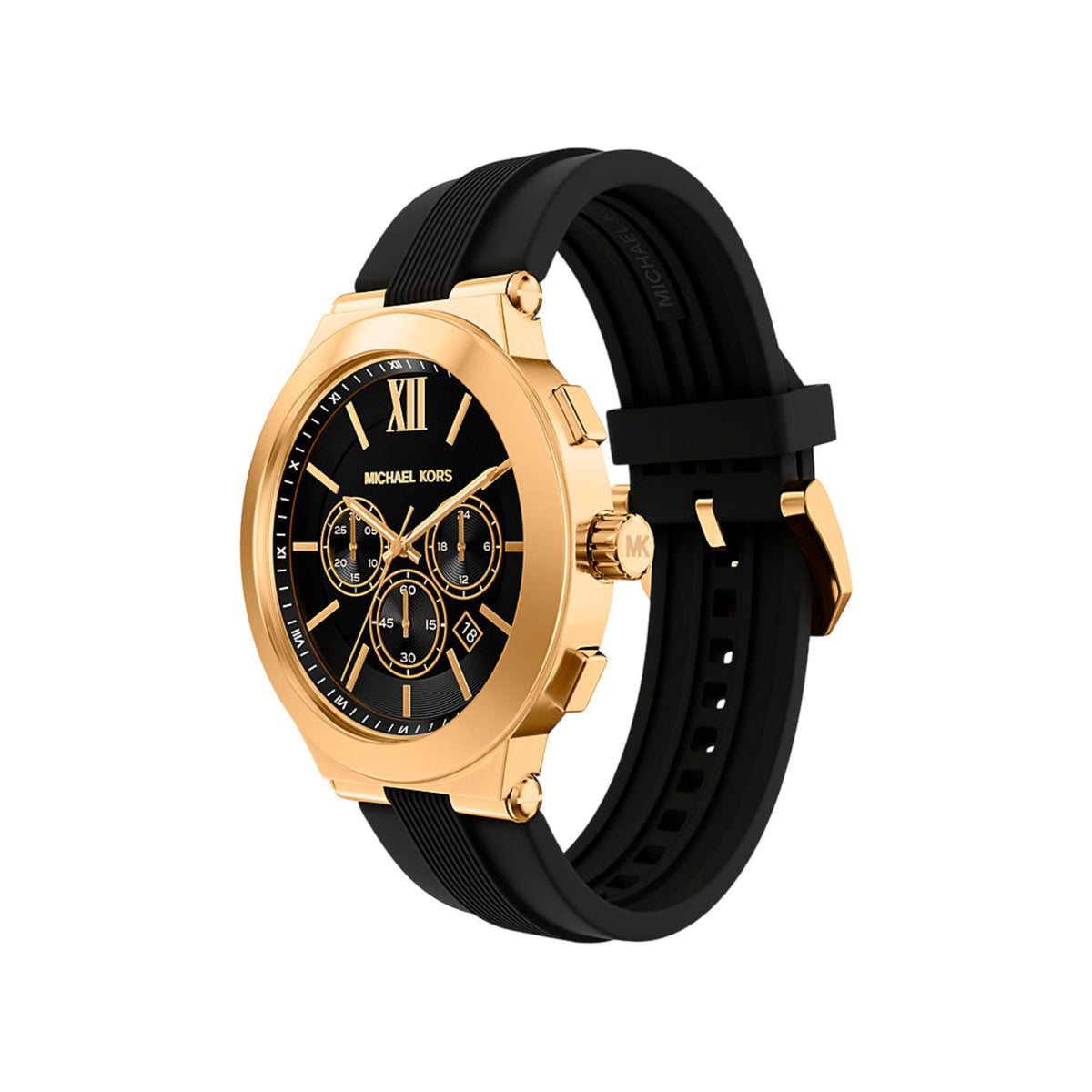 Chronograph wristwatch with black dial and gold-tone case, black silicone strap