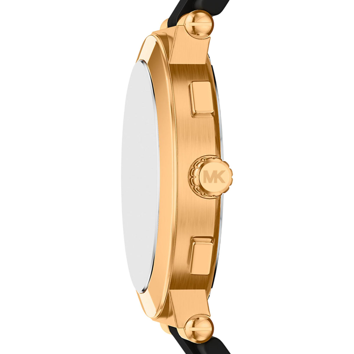 Gold-tone case chronograph watch with black silicone strap, crown and pushers