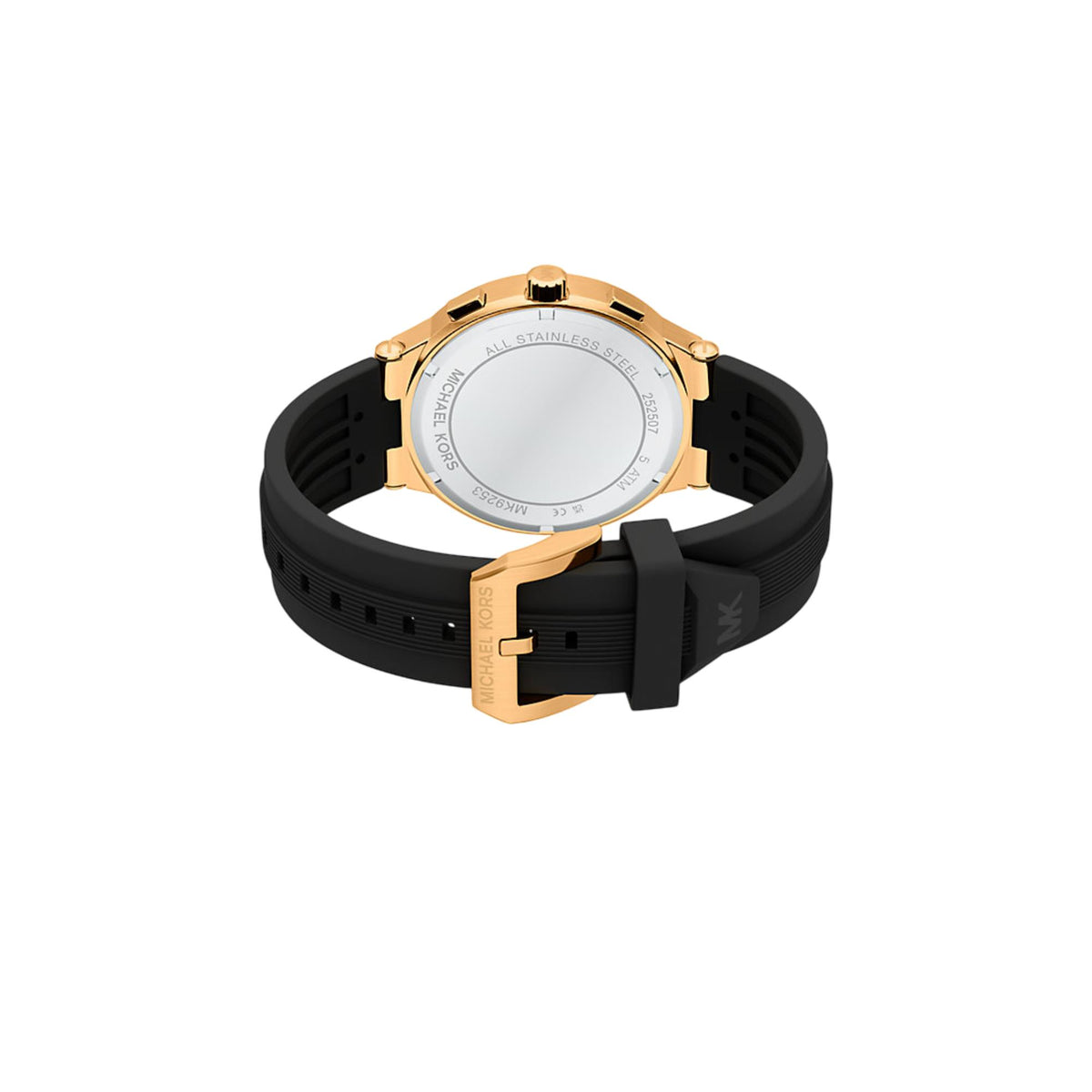 Black silicone strap watch with gold-tone case back and adjustable buckle